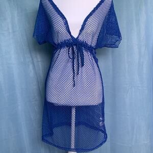 J&W Blue 100% Polyester Mesh Swim Cover Up Sheer Drawstring Size L